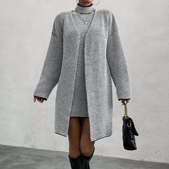 Black & White Preppy Womens Turtleneck Drop Shoulder Cardigan & Sweater Dress - Picture 4 of 5